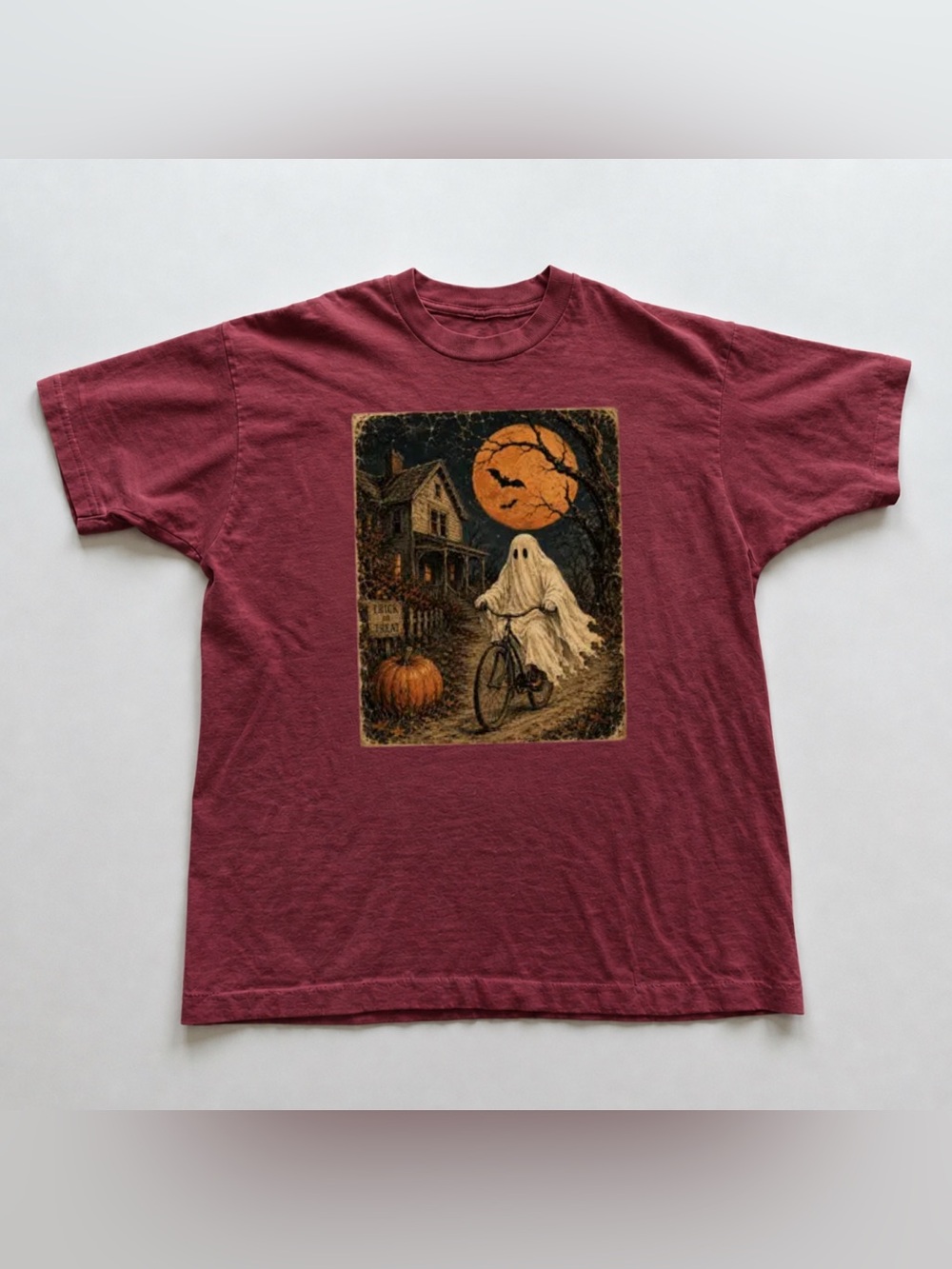 Antique CherryRed Maroon Short-Sleeve Tee with Vintage Ghost Bicycle | Halloween